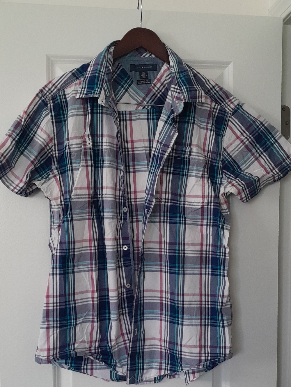 Tommy Hilfiger Plaid Short-Sleeve Button-Down Shirt - White, Blue, Teal, Maroon